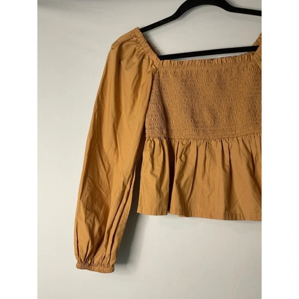 J. Crew‎ Square Neck Smocked Peplum Long Sleeve Top Camel Tan XS